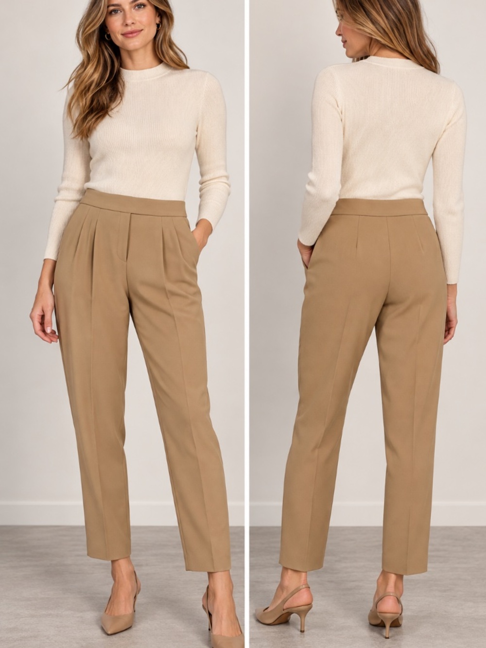 Babaton tan trousers 6 pleats pull on pockets work office luxury minimalist